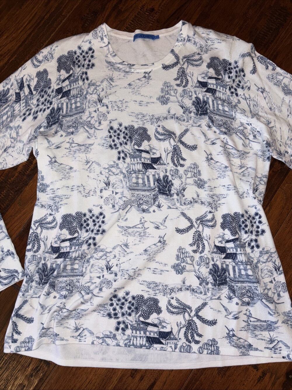 J. McLAUGHLIN Cobalt French Blue Asian Pagoda Lightweight Button Sweater XL